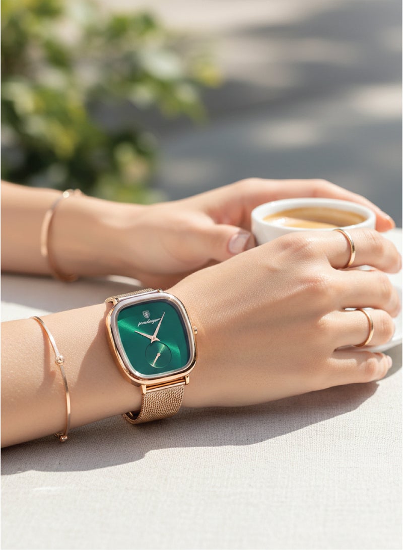 POEDAGAR ساعة كوارتز نسائية - حزام شبكي وردي ذهبي، قرص أخضر، تصميم فاخر بسيط - 783 - Image 4