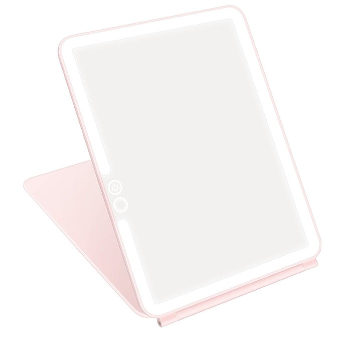 FOLDING TRAVEL MIRROR LIGHTED MAKEUP MIRROR WITH 72 LEDS 3 COLORS LIGHT MODES USB RECHARGABLE PORTABLE ULTRA THIN COMPACTVANITY MIRROR WITH TOUCH SCREEN DIMMING FOR COSMETIC PINK