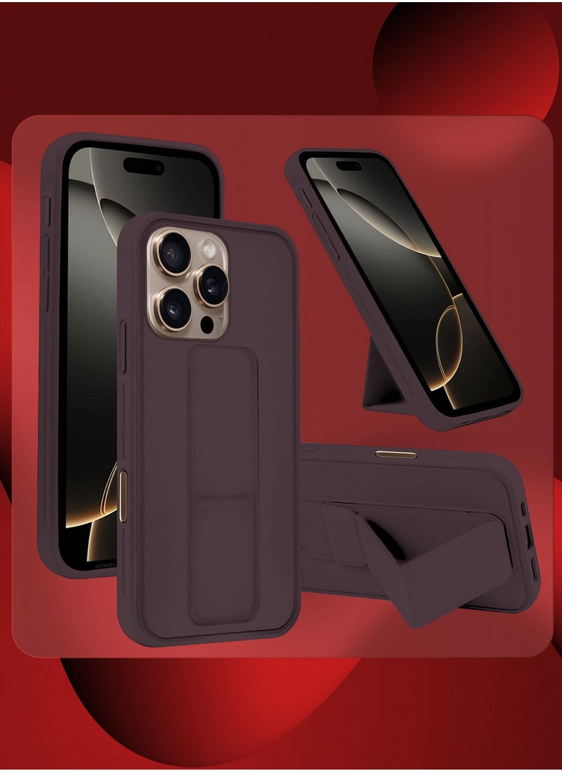 CATANES - ( for iPhone 16 Pro Max ) Case Premium PU Leather Case with Stand Function Shockproof and Anti Scratch Finger Grip Case Cover / Merlot - Image 1