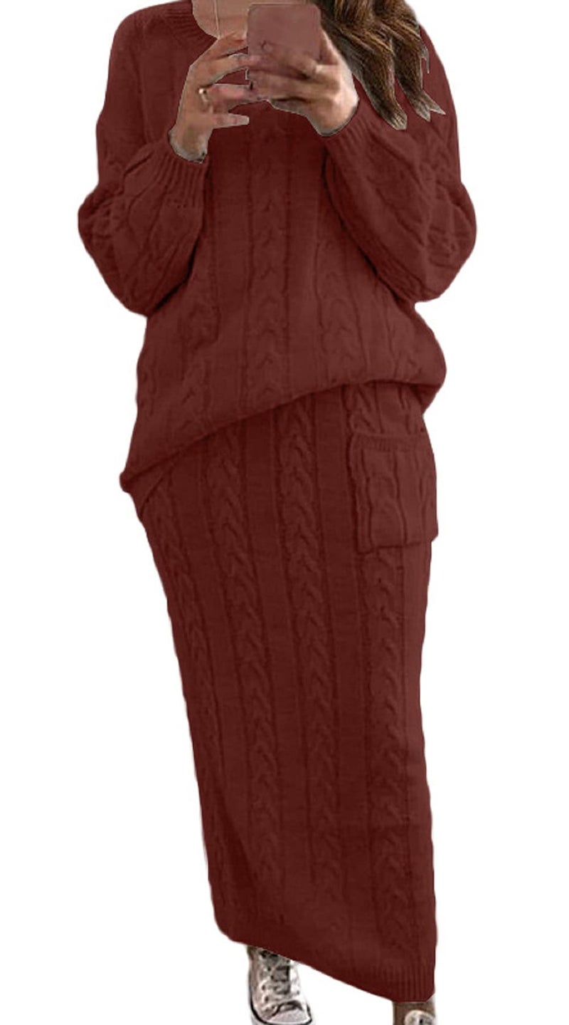 CHARTOU Women's Winter Chunky Cable Knit Long Skirt 2 Piece Outfit Sweater Sets (Small, Wine Red) - Image 1