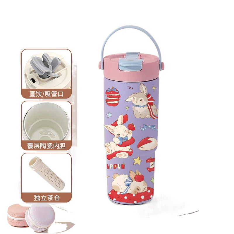 700 ml Stainless Steel Coffee Mug with Carry Handle and Straw Top in with Ceramic Lining Black finish , for Daily Carry - Image 1