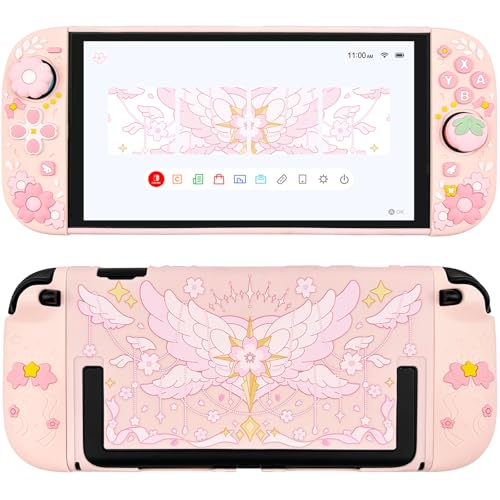 WSLUCKO Protective Case for Nintendo Switch 2, Hard Back Shell / 2 Silicone Anti-Slip Controller Covers / 2 Joystick Caps, Cherry Blossom Design Cover, Pink - Image 1