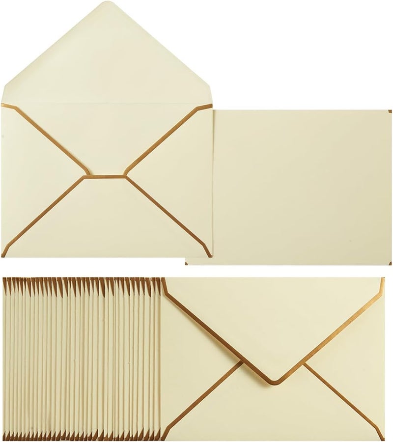 Homtable 50 Pack A6 Envelopes Cream Color 4x6 Self-Adhesive V Flap Envelopes with Gold Border for Office, Greeting Card, Wedding, Graduation, Baby Shower, Parties, Invitations (Cream Color, 4.75x6.5) - Image 1