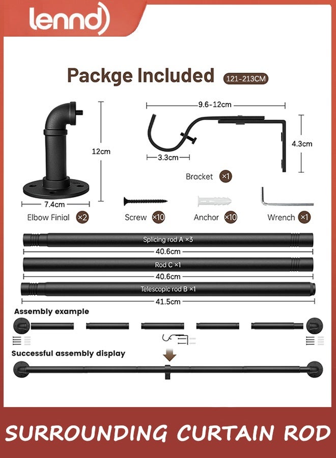 LENND Curtain Rods for Windows 121cm to 213cm, 2.5cm Industrial Wrap Around Black Curtain Rod, Indoor/Outdoor Room Divider Adjustable Drapery Pole, 121cm-213cm - Image 3