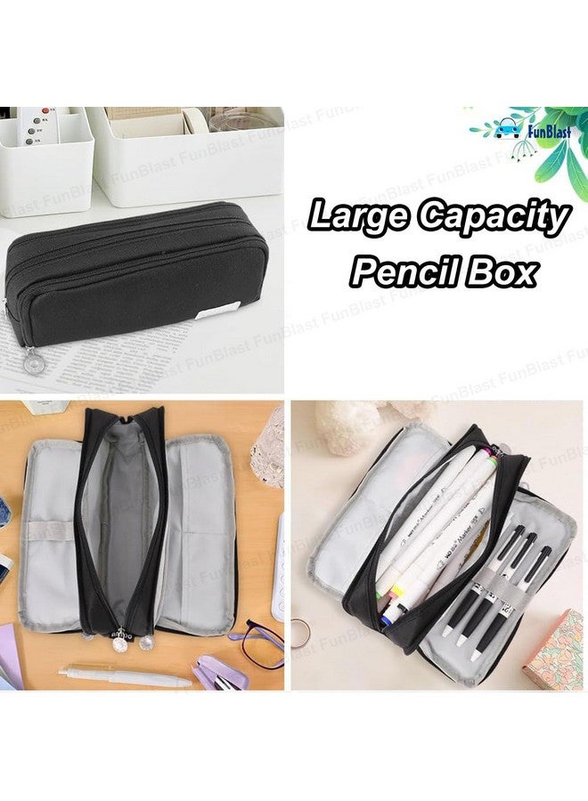 فنبلاست صندوق أقلام رصاص كبير السعة من فن بلاست للبنات والأولاد، 3 جيوب من القماش للأقلام والأقلام الرصاص، حقيبة أدوات مكتبية أنيقة لطلاب المدارس والجامعات، هدية عيد ميلاد للأطفال (أسود) - Image 3