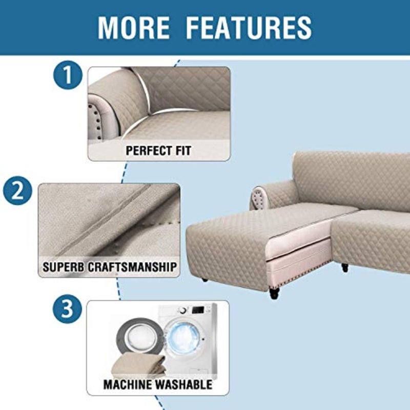 Sofa Covers L Shape Couch Covers for Reversible Sectional Sofa Chaise Lounge Sofa Cover Slipcovers Furniture Protector for Dogs Pets, Non Slip with Straps Khaki, Large - Image 3