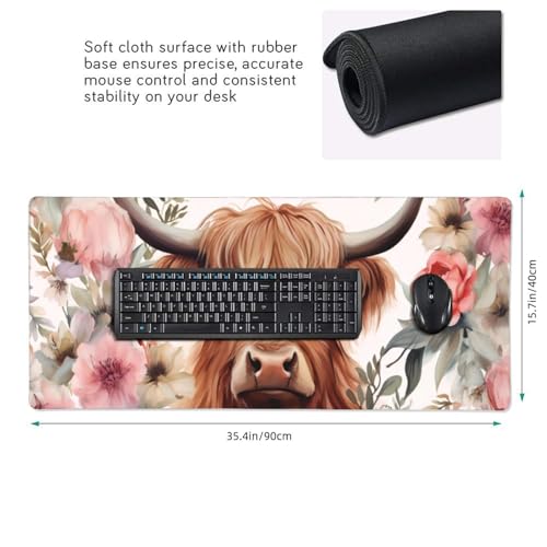 KOBWOPI 35.4 x 15.7 in, Waterproof XXL Large Mouse Pad for Desk, Extended Keyboard Mouse Mat for Computer Office, Big Laptop Mouse pad, Gaming Pc-Highland Cow Pink Floral - Image 2