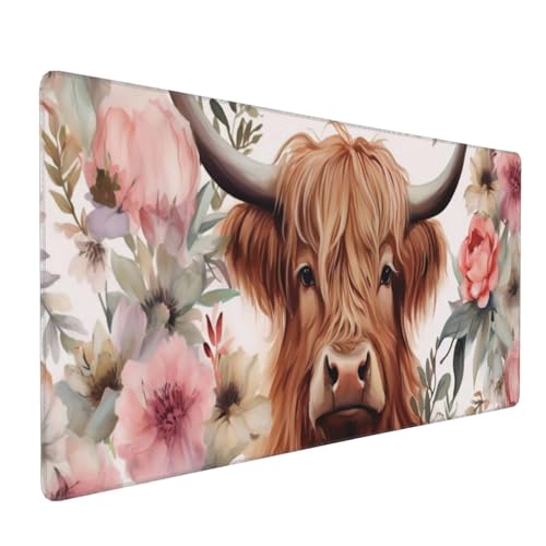 KOBWOPI 35.4 x 15.7 in, Waterproof XXL Large Mouse Pad for Desk, Extended Keyboard Mouse Mat for Computer Office, Big Laptop Mouse pad, Gaming Pc-Highland Cow Pink Floral - Image 1