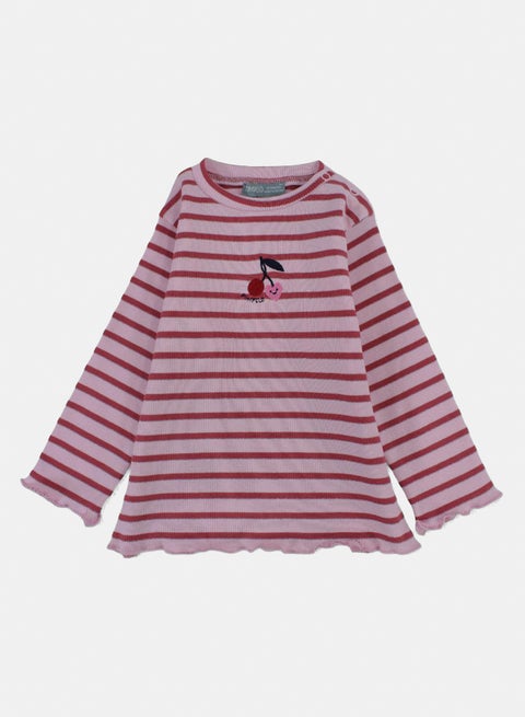 تيشيرت قطني للبنات الصغار – مخطط وردي/أحمر