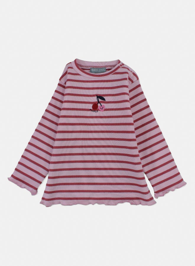 بمبيلو تيشيرت قطني للبنات الصغار – مخطط وردي/أحمر - Image 1