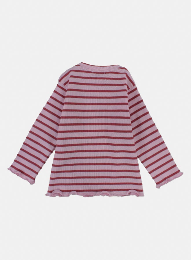 بمبيلو تيشيرت قطني للبنات الصغار – مخطط وردي/أحمر - Image 2