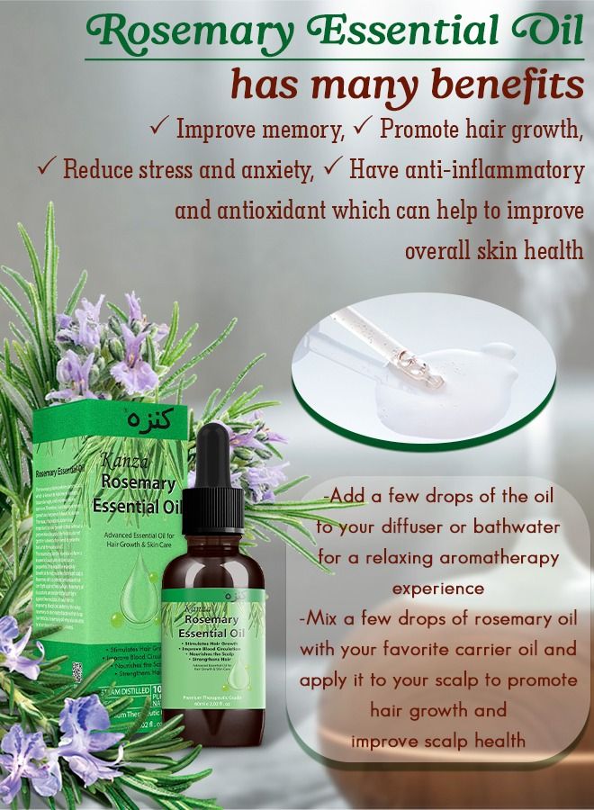 Kanza 60ml Rosemary Oil Scalp and Hair Strengthening with Pure Organic Essential Oils Nourishing Treatment for Split Ends Dry Scalp & Hair Growth Safe for All Hair Types  - Image 5