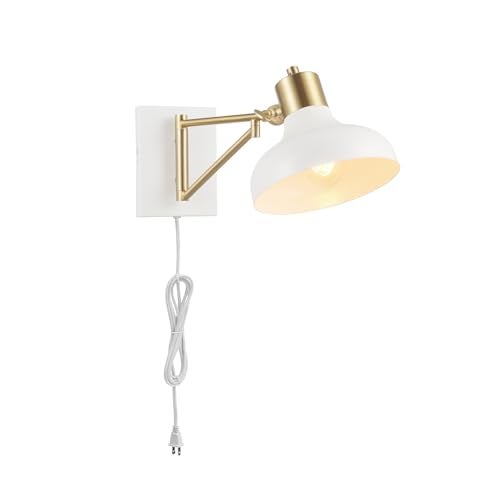 Globe Electric 51344 1-Light Plug-in or Hardwire Swing Arm Wall Sconce, White, Brass Accents, White-Cloth Cord, Mounted Bedside Lamp, Kitchen Sconces Wall-Lighting, Bulb Not Included - Image 1