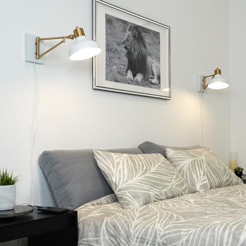 Globe Electric 51344 1-Light Plug-in or Hardwire Swing Arm Wall Sconce, White, Brass Accents, White-Cloth Cord, Mounted Bedside Lamp, Kitchen Sconces Wall-Lighting, Bulb Not Included - Image 4