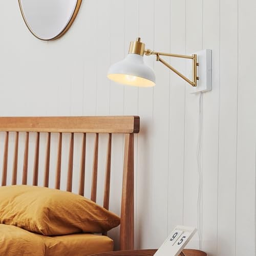 Globe Electric 51344 1-Light Plug-in or Hardwire Swing Arm Wall Sconce, White, Brass Accents, White-Cloth Cord, Mounted Bedside Lamp, Kitchen Sconces Wall-Lighting, Bulb Not Included - Image 2