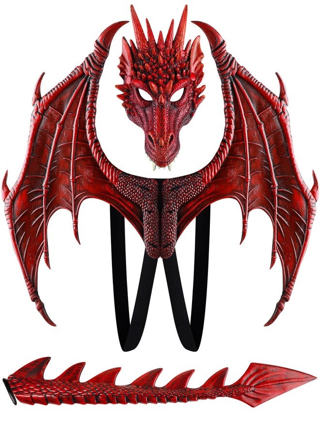 Sratte Halloween Dragon Costume Wing Dinosaur Tail Mask Dragon Cosplay Dinosaur Costume Set for Kids Children (Red) - Image 1