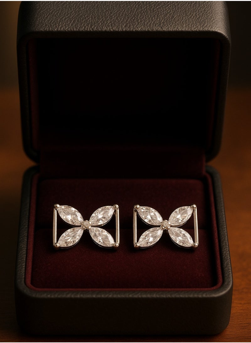 Dar Women’s Floral Stud Earrings – Rectangular Frame with Crystal Stones – Set of 2  - Image 1