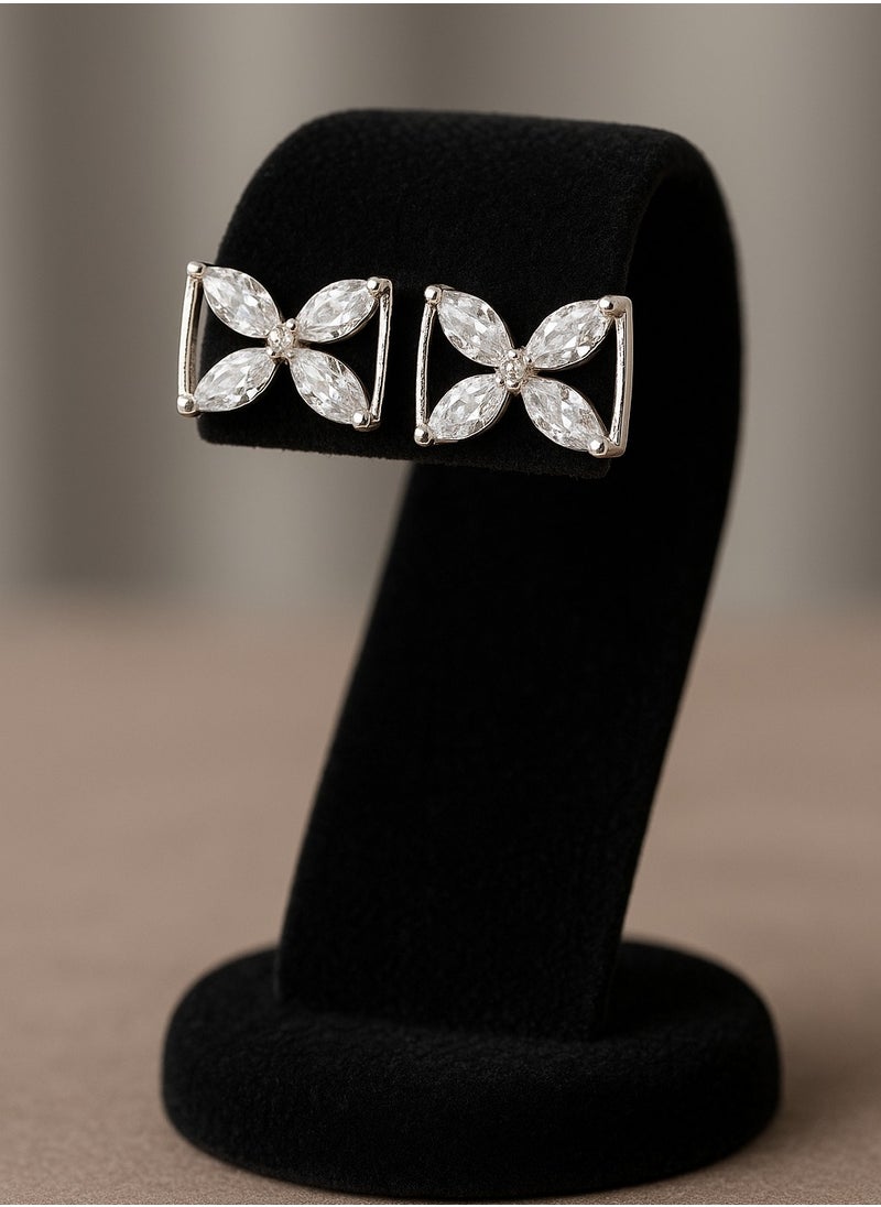 Dar Women’s Floral Stud Earrings – Rectangular Frame with Crystal Stones – Set of 2  - Image 2