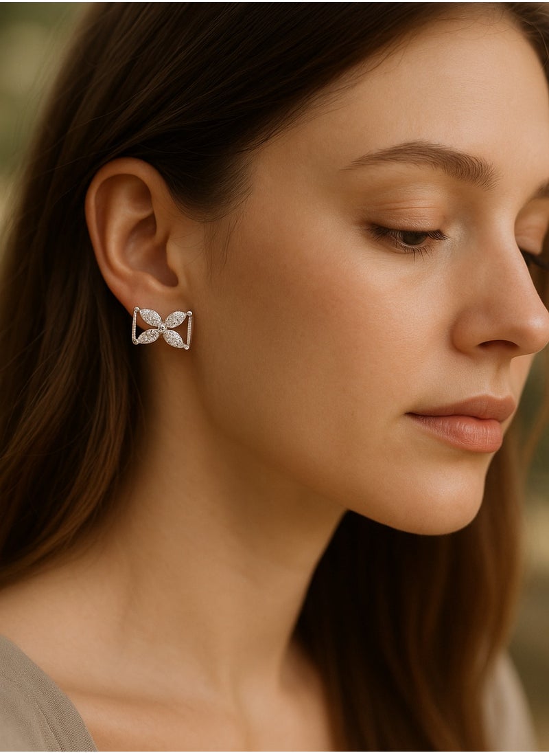 Dar Women’s Floral Stud Earrings – Rectangular Frame with Crystal Stones – Set of 2  - Image 3