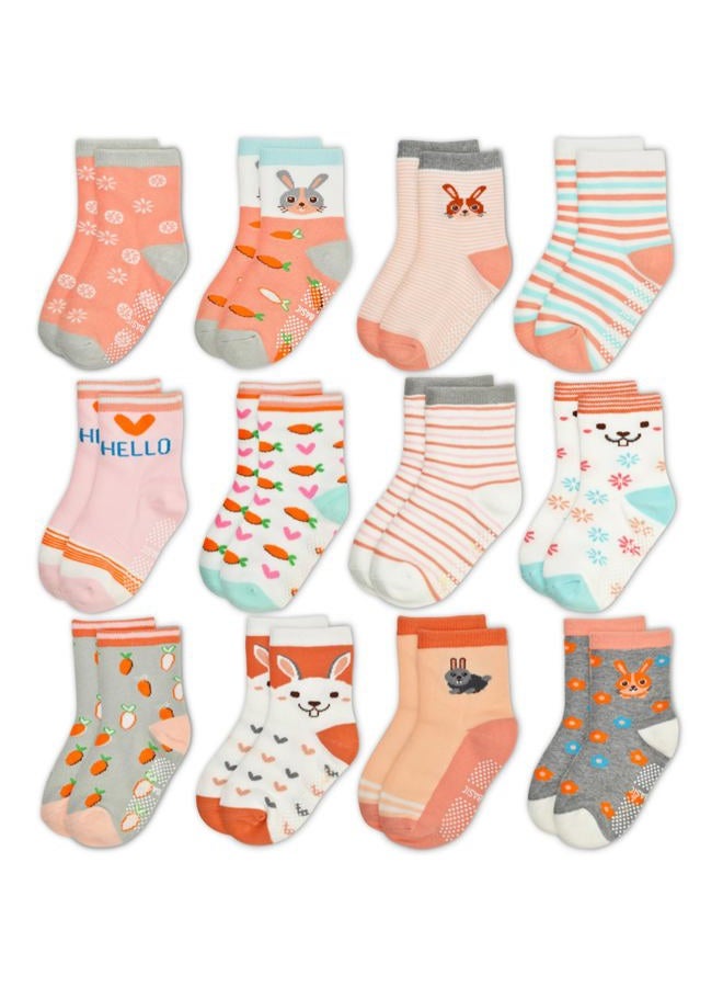 GRPSKCOS Toddler Girls Socks, 12 Pack Non Slip Breathable Crew Socks with Grips for 1-7 Years Kids(Carrot Bunny,6-12 Months) - Image 1