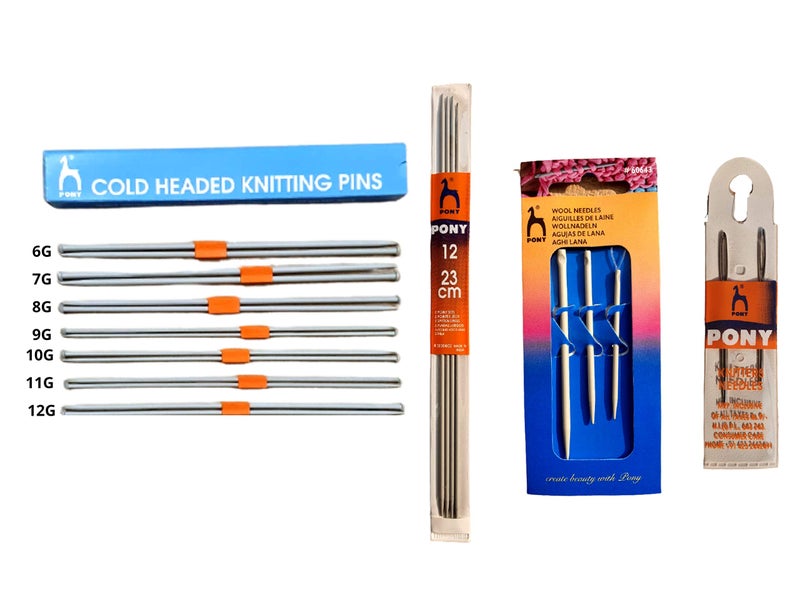 PONY Knitting Pins(25cm)- Set of 7(Size:6G to12G) & Knitting Needle for Neck No.12(23cm) Pair of 4 & Large Eye Loops Wool Needles-Set of 3 & Stainless Steel Needles-Set of 2 - Image 1