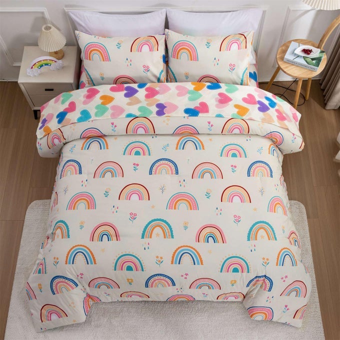 5 PIECE MULTICOLOR RAINBOW COMFORTER SET FOR GIRLS BOYS KIDS TWIN SIZE CARTOON LOVE HEARTS FLOWERS AND SUN STAR BEDDING SET BED IN A BAG WITH COMFORTER SHEETS AND PILLOWCASES