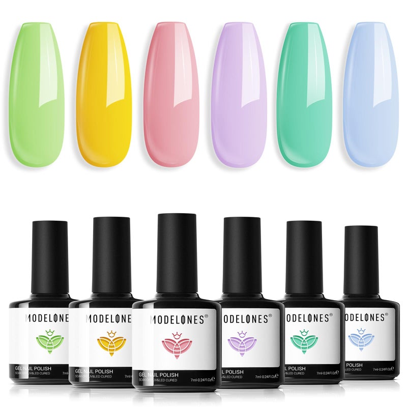 modelones Spring Gel Nail Polish Set, 6 Colors Pastel Yellow Green Pink Purple Blue Shades Pale Macaron Light Colors Nail Art Gel Design for Women Girl Nail Lovers Gift Salon DIY - Image 1