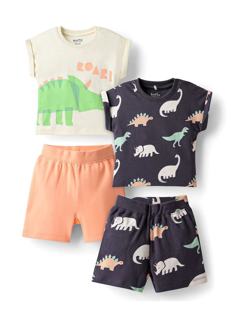 Bonfino Pack of 2 Bonfino 100% Cotton Printed Roll Up Sleeves T-Shirt and Shorts Set for 2 to 3 years baby - Dark Grey, Off White, Pink  - Image 1