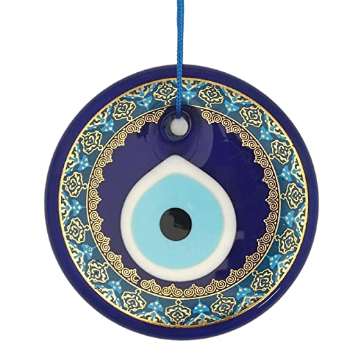 Erbulus 4.3" Glass Blue Evil Eye Wall Hanging Gold Patterned Ornament - Evil Eye Decor - Turkish Handmade Nazar Amulet - Home Protection Charm - Evil Eye Wall Decor - Image 1