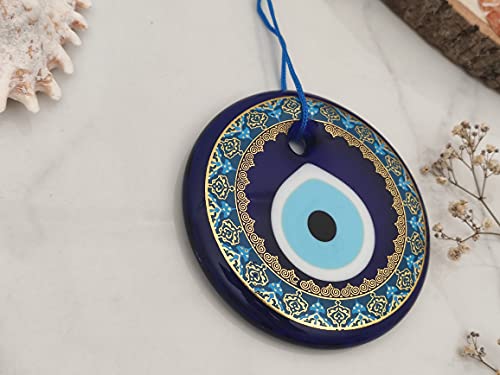 Erbulus 4.3" Glass Blue Evil Eye Wall Hanging Gold Patterned Ornament - Evil Eye Decor - Turkish Handmade Nazar Amulet - Home Protection Charm - Evil Eye Wall Decor - Image 4