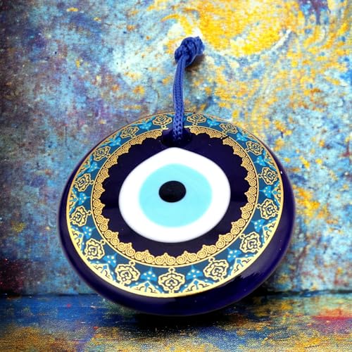 Erbulus 4.3" Glass Blue Evil Eye Wall Hanging Gold Patterned Ornament - Evil Eye Decor - Turkish Handmade Nazar Amulet - Home Protection Charm - Evil Eye Wall Decor - Image 5