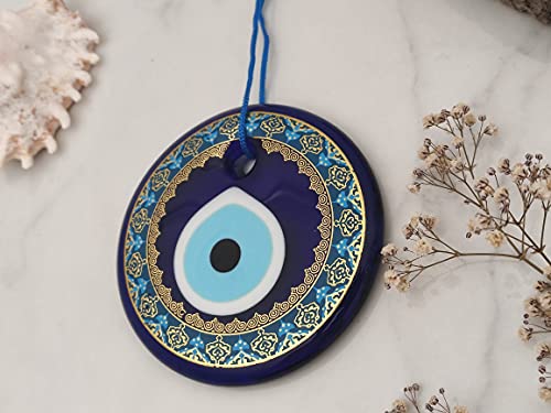 Erbulus 4.3" Glass Blue Evil Eye Wall Hanging Gold Patterned Ornament - Evil Eye Decor - Turkish Handmade Nazar Amulet - Home Protection Charm - Evil Eye Wall Decor - Image 3