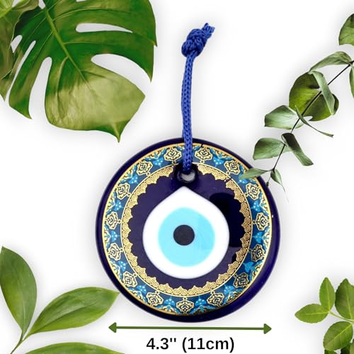 Erbulus 4.3" Glass Blue Evil Eye Wall Hanging Gold Patterned Ornament - Evil Eye Decor - Turkish Handmade Nazar Amulet - Home Protection Charm - Evil Eye Wall Decor - Image 2