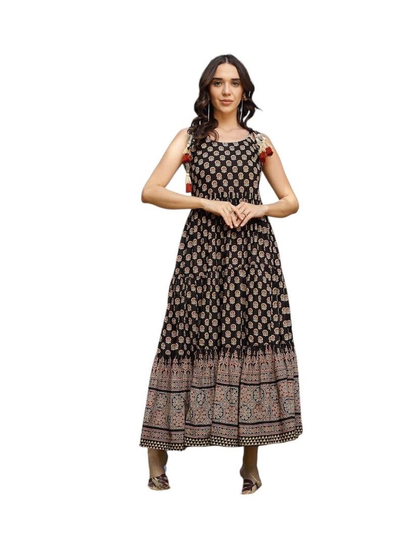 Stylum Women's Ethnic Printed Cotton Tiered Dress Black - Image 1