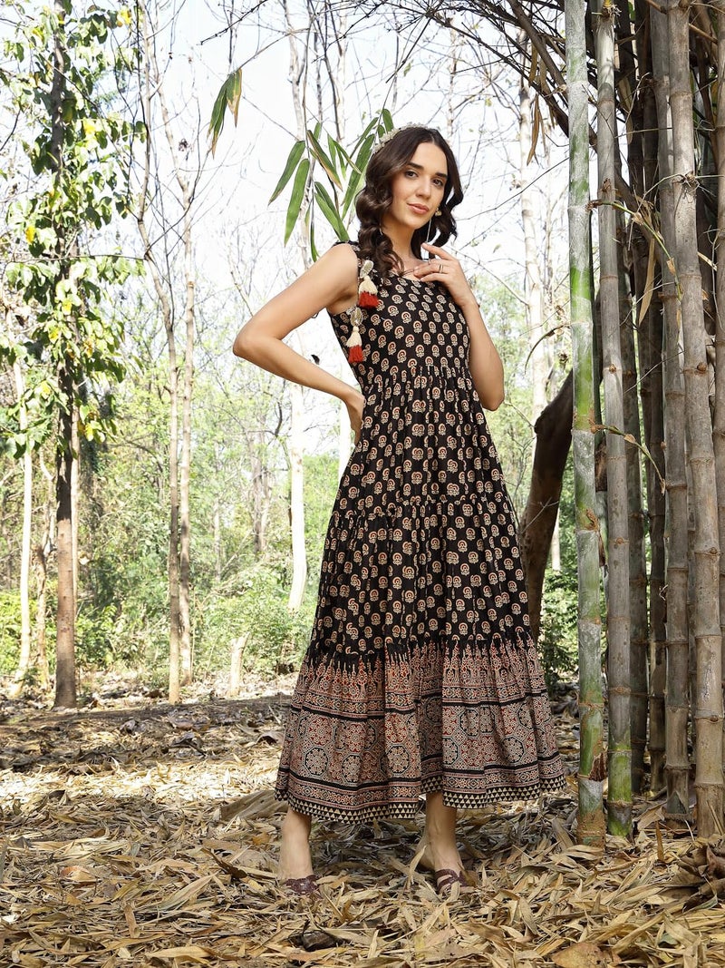 Stylum Women's Ethnic Printed Cotton Tiered Dress Black - Image 3