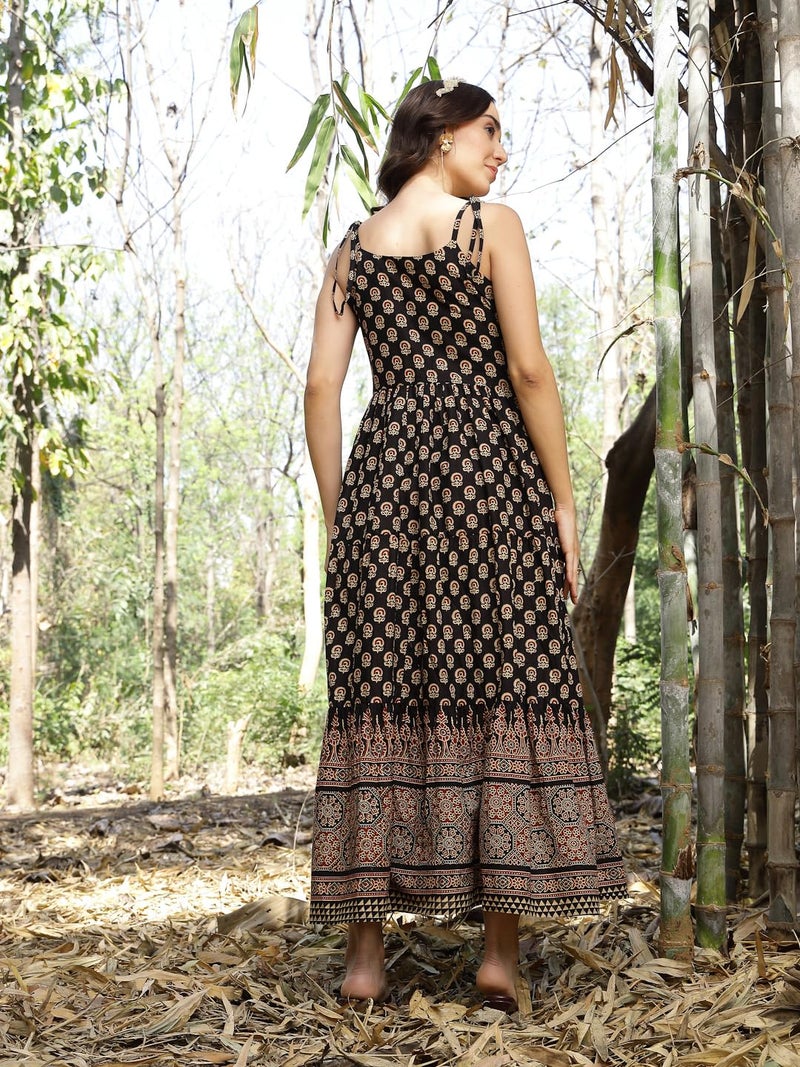 Stylum Women's Ethnic Printed Cotton Tiered Dress Black - Image 2