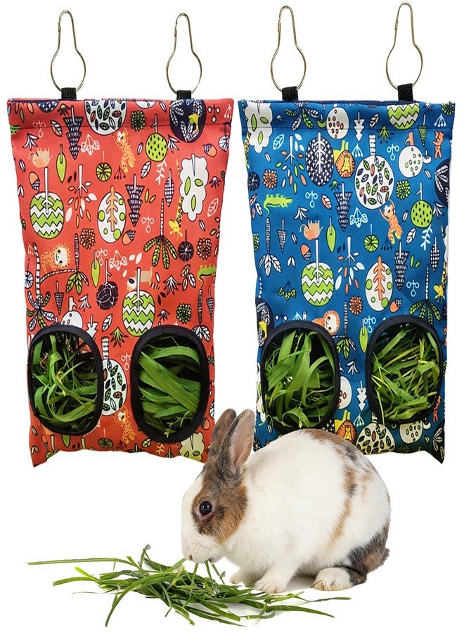 RMNHPTK Rabbit Hay Feeder Bag, Guinea Pig Hay Feeder for Cage Small Animal Hanging Feeding Bags Rabbit Hay Dispenser Storage for Rabbits Guinea Pigs Bunnies Chinchillas (Red,Dark Blue, 2 Hole) - Image 1