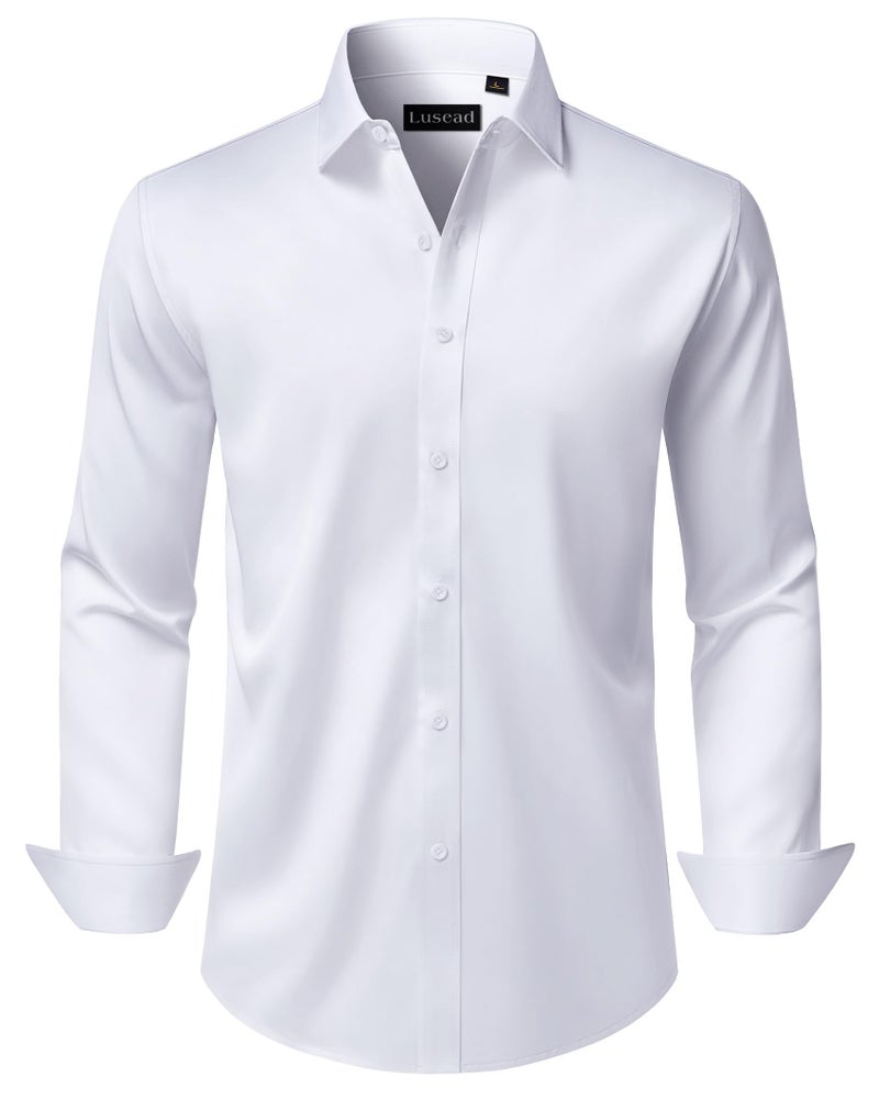 Lusead White Dress Shirts for Men Wedding Wrinkle Free Long Sleeve Stretch Formal Slim Fit Button Down Tuxedo Shirt - Image 1