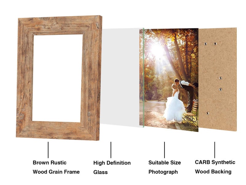 iRahmen 5x7 Picture Frame Set of 4, High Definition Real Glass Rustic Brown Frame, 5 x 7 Wood Photo Frames for Tabletop Display and Wall Mounting - Image 3