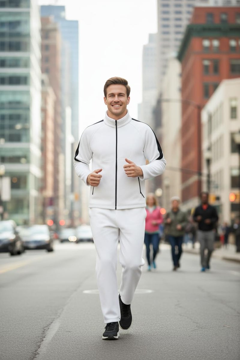 CHKOKKO Men's High Neck Winter Tracksuit Set with Full-Zipper Upper & Elasticated Waist Jogger Pants | Warm Soft Solid Activewear for Gym, Running & Casual Use WHITEBLK XL - Image 5