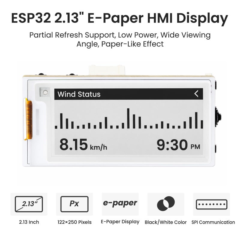 ELECROW ESP32 E-Ink Display 2.13 Inch, CrowPanel E-paper HMI Display Compatible with Arduino IDE, E Ink Screen with 122x250 Resolution Black/White Color, Driven by SPI Interface (Without Acrylic Case) - Image 2