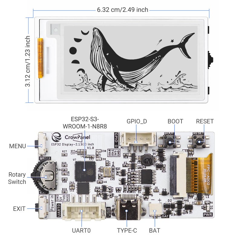 ELECROW ESP32 E-Ink Display 2.13 Inch, CrowPanel E-paper HMI Display Compatible with Arduino IDE, E Ink Screen with 122x250 Resolution Black/White Color, Driven by SPI Interface (Without Acrylic Case) - Image 3
