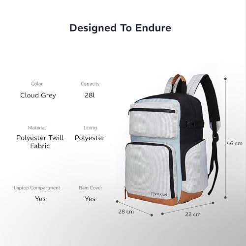 Provogue Zuno 28 litres everyday backpack with 15.6 inch laptop compartment for men and women in Cloud Grey, stylish contemporary daily use college, office and outdoor bag | With organiser - Image 5