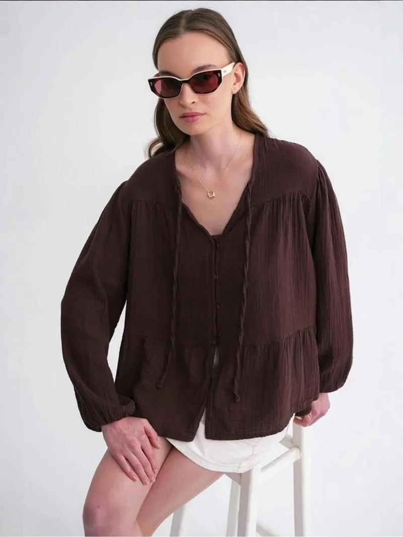 MixRay Mixray Long Sleeve Relaxed Fit Blouse with Tie-Neck