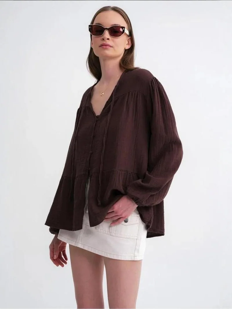 MixRay Coffee Brown Mixray Long Sleeve Relaxed Fit Blouse with Tie-Neck for Women | Best Price UAE
