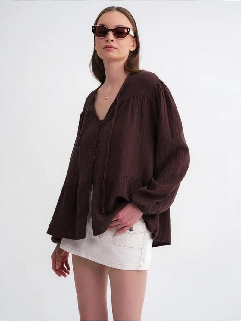 Mixray Long Sleeve Relaxed Fit Blouse with Tie-Neck - Image 4