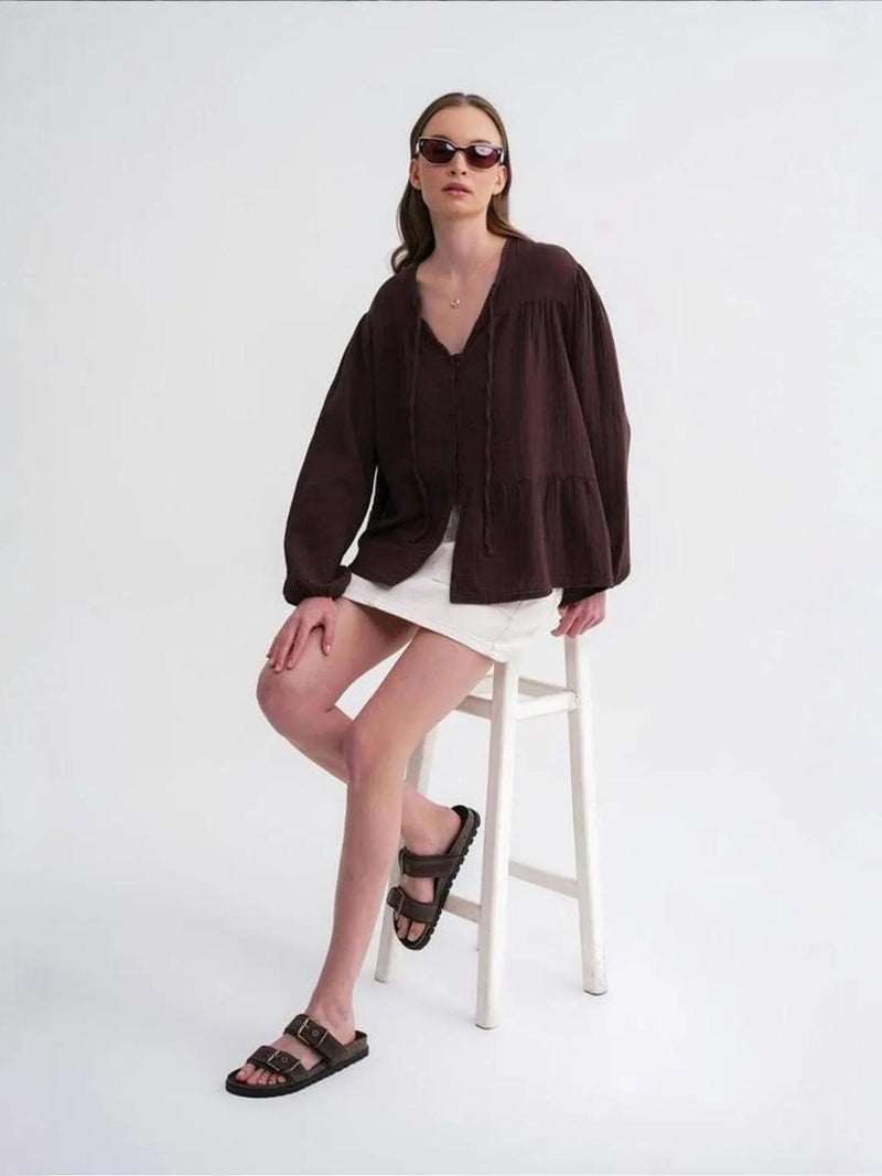 Mixray Long Sleeve Relaxed Fit Blouse with Tie-Neck - Image 2