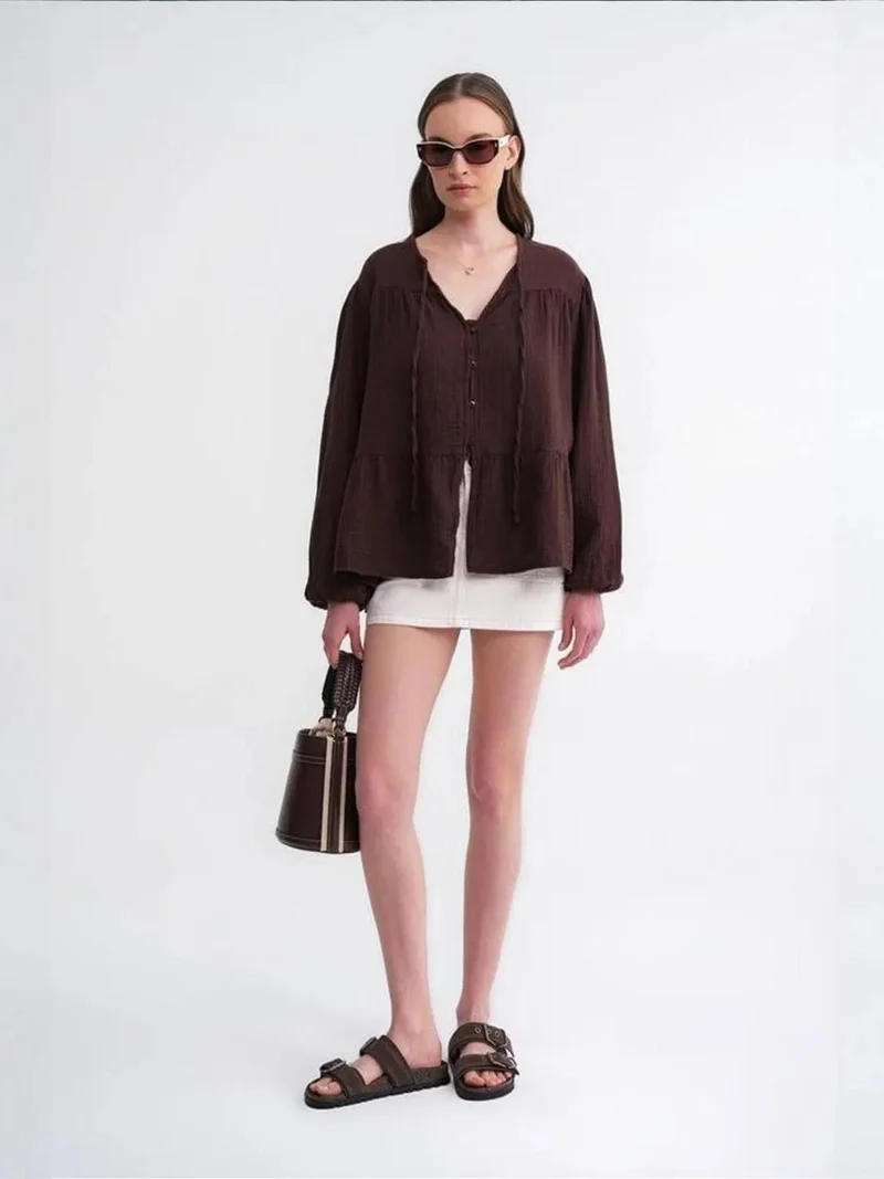 MixRay Coffee Brown Mixray Long Sleeve Relaxed Fit Blouse with Tie-Neck for Women | Best Price UAE