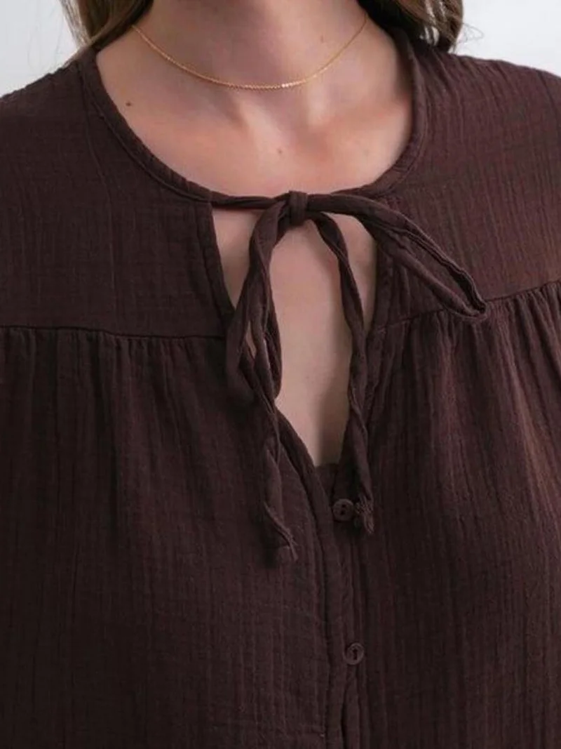 MixRay Coffee Brown Mixray Long Sleeve Relaxed Fit Blouse with Tie-Neck for Women | Best Price UAE