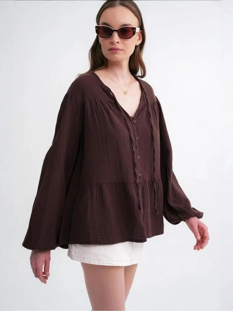 MixRay Coffee Brown Mixray Long Sleeve Relaxed Fit Blouse with Tie-Neck for Women | Best Price UAE